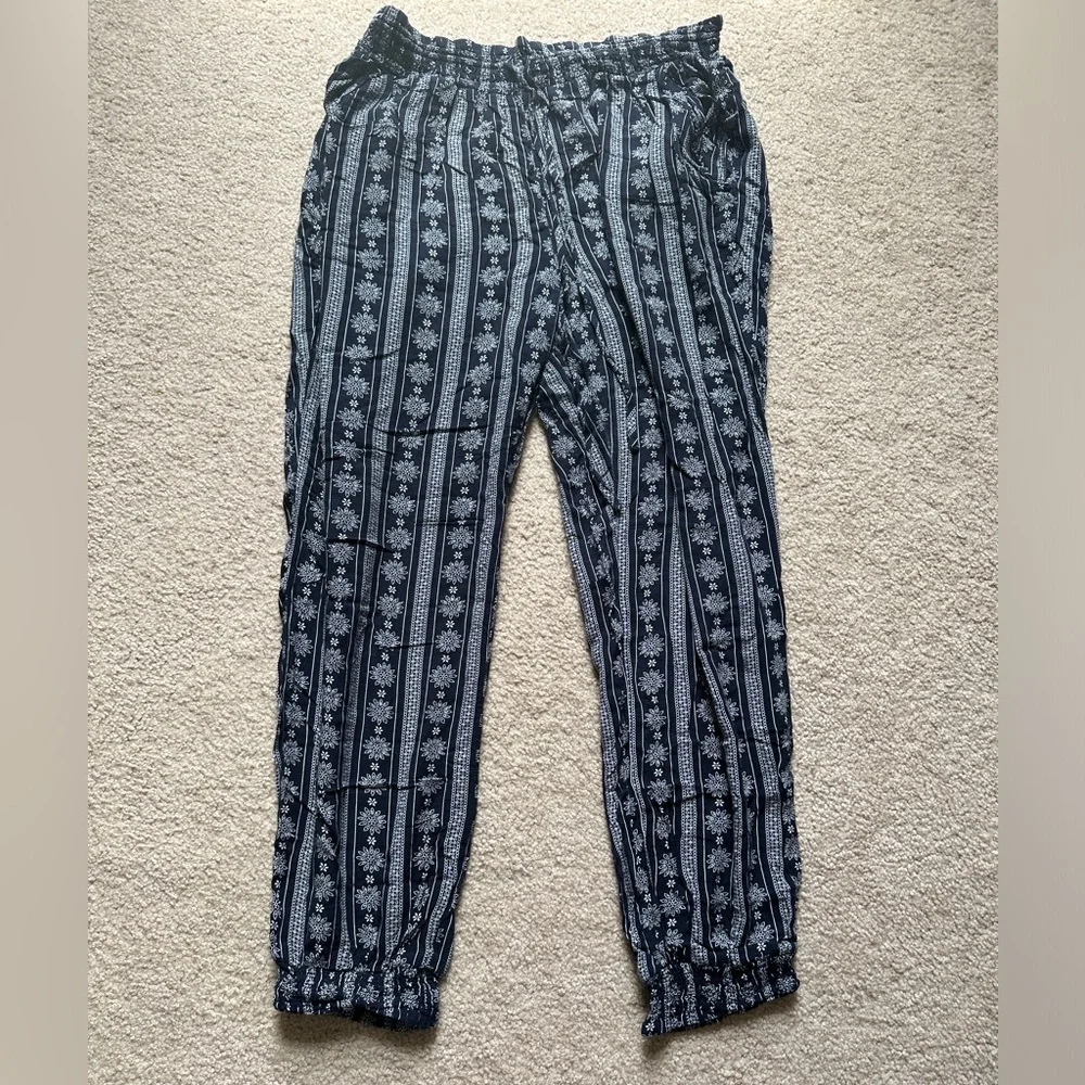 Navy Blue and White Patterned Women's Pants - Picture 3 of 10